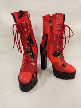 Azalea Wang Women's "Put It Down On Me" Red Black Camo Heeled Boots Size 6.5